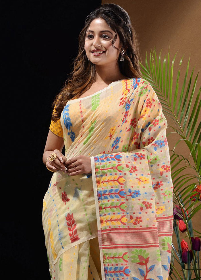 Off White Tant Saree Without Blouse Piece - Indian Silk House Agencies