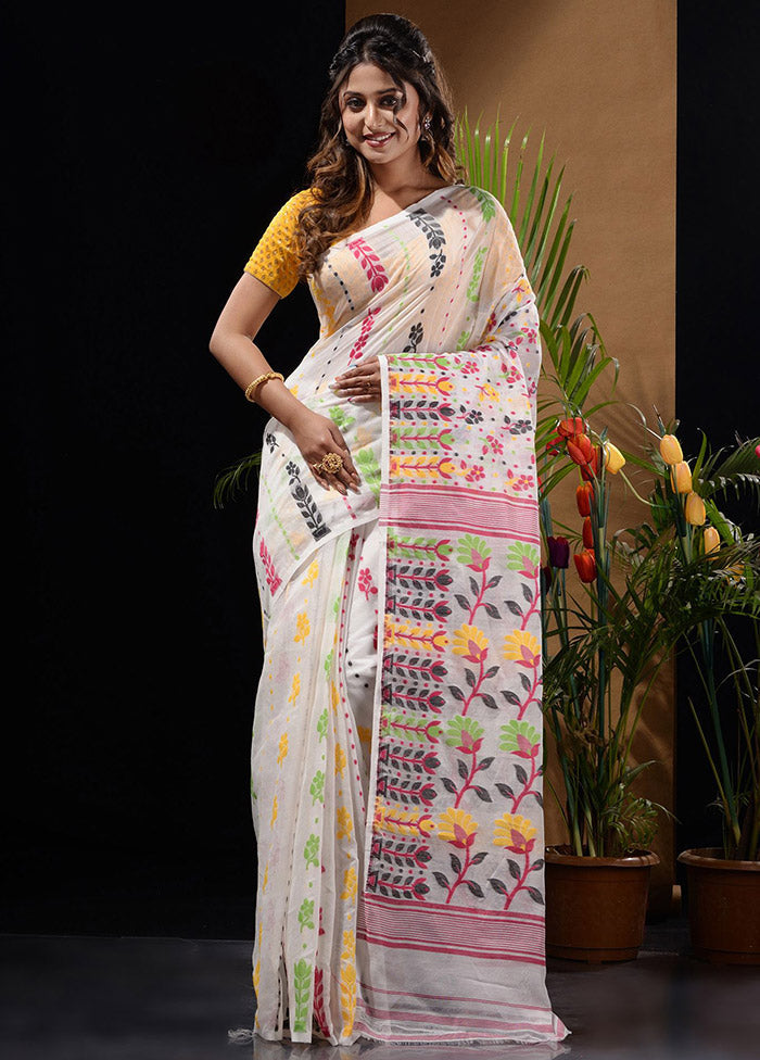 White Tant Saree Without Blouse Piece - Indian Silk House Agencies