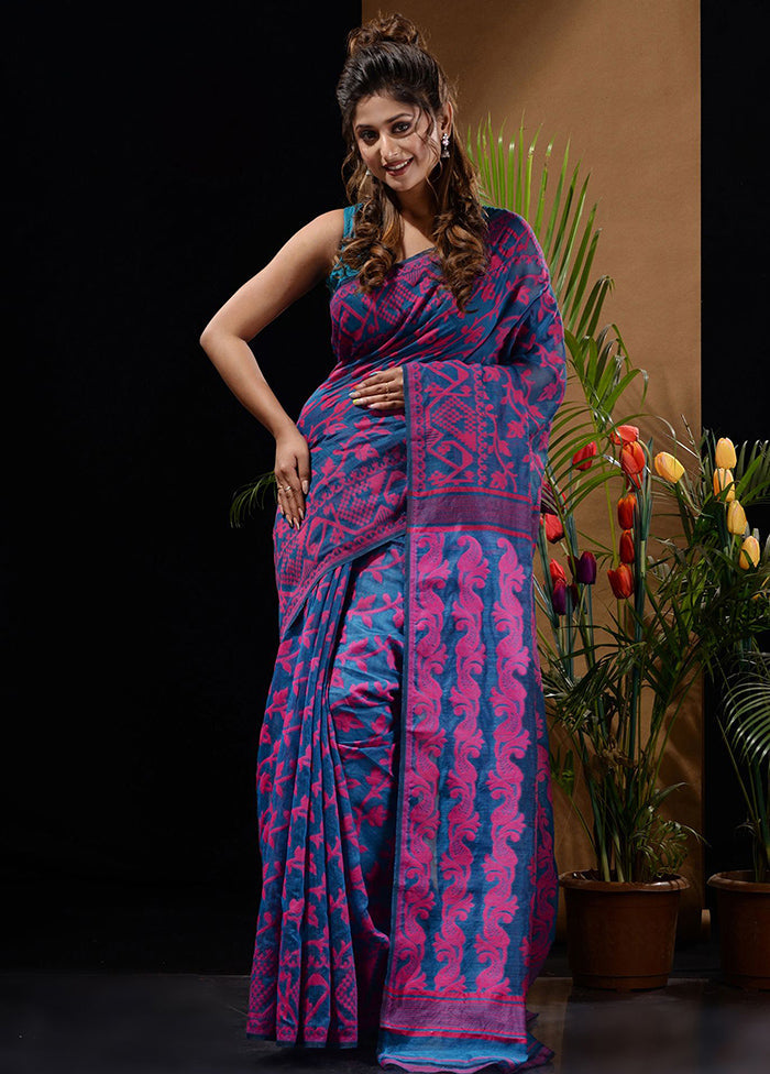 Blue Tant Saree Without Blouse Piece - Indian Silk House Agencies