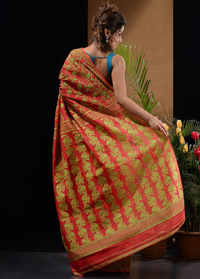 Red Tant Saree Without Blouse Piece - Indian Silk House Agencies