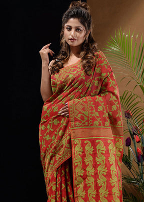 Red Tant Saree Without Blouse Piece - Indian Silk House Agencies