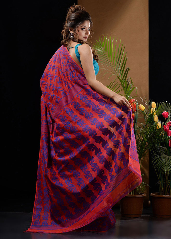 Red Tant Saree Without Blouse Piece - Indian Silk House Agencies