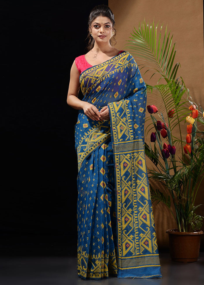 Blue Tant Saree Without Blouse Piece - Indian Silk House Agencies