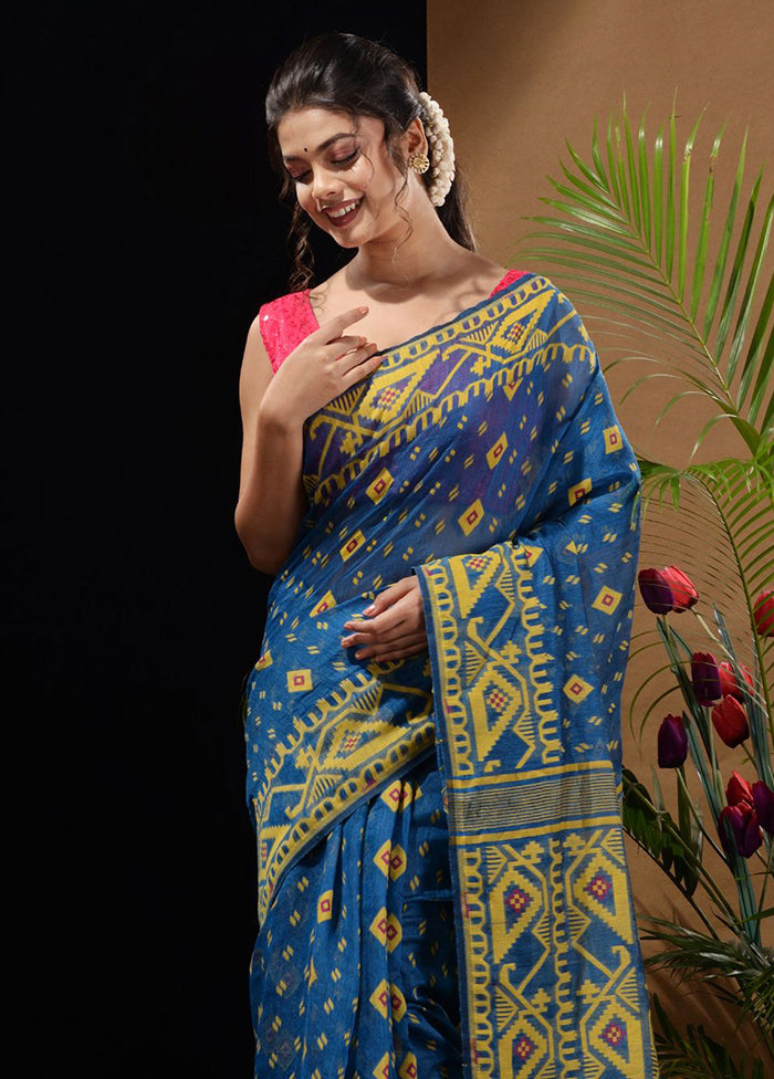 Blue Tant Saree Without Blouse Piece - Indian Silk House Agencies