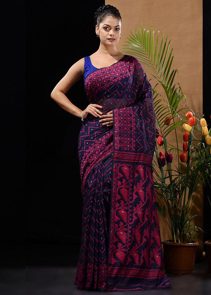 Navy Blue Tant Saree Without Blouse Piece - Indian Silk House Agencies