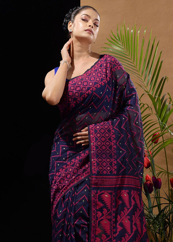 Navy Blue Tant Saree Without Blouse Piece - Indian Silk House Agencies