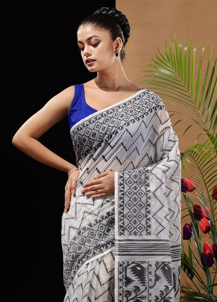 White Tant Saree Without Blouse Piece - Indian Silk House Agencies