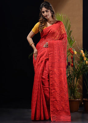 Red Tant Saree Without Blouse Piece - Indian Silk House Agencies