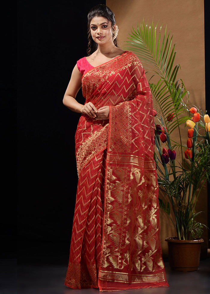 Red Tant Saree Without Blouse Piece - Indian Silk House Agencies