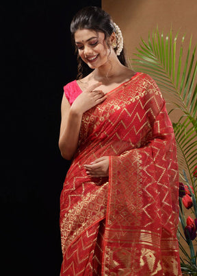 Red Tant Saree Without Blouse Piece - Indian Silk House Agencies