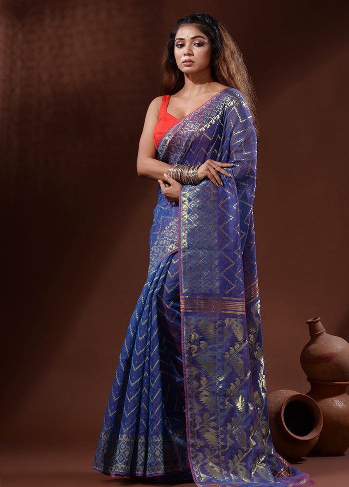 Blue Tant Saree Without Blouse Piece - Indian Silk House Agencies