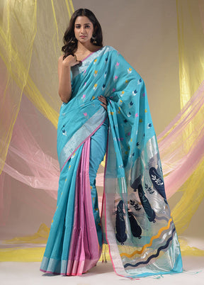 Blue Pure Cotton Saree With Blouse Piece - Indian Silk House Agencies