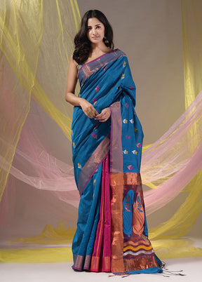 Blue Pure Cotton Saree With Blouse Piece - Indian Silk House Agencies