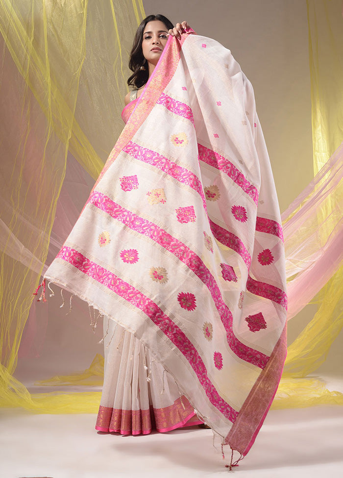 White Pure Cotton Saree With Blouse Piece - Indian Silk House Agencies