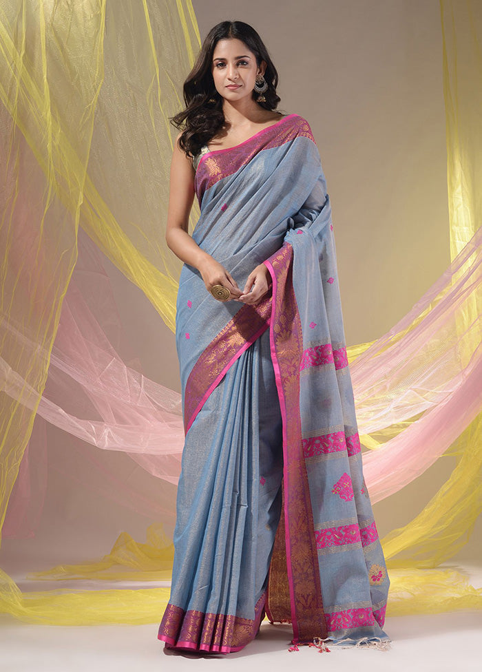 Grey Pure Cotton Saree With Blouse Piece - Indian Silk House Agencies