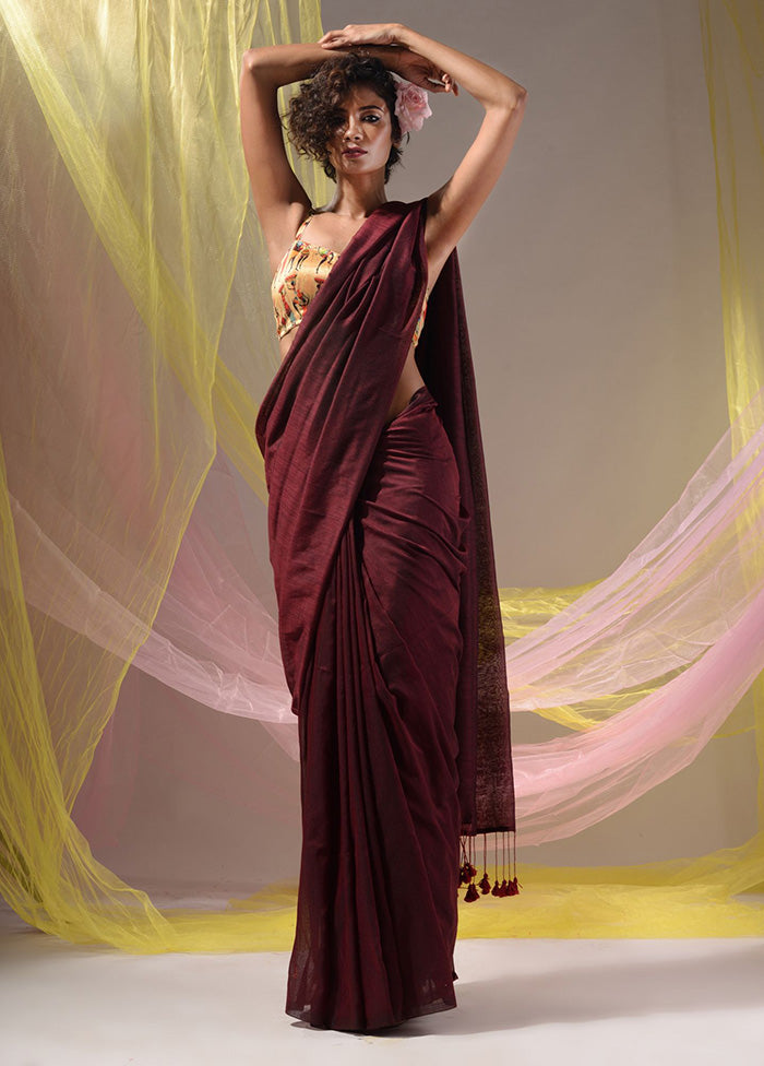 Maroon Pure Cotton Saree With Blouse Piece - Indian Silk House Agencies