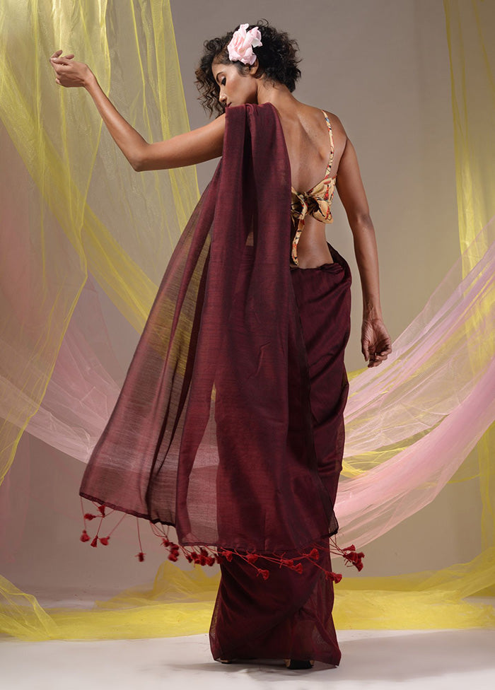 Maroon Pure Cotton Saree With Blouse Piece - Indian Silk House Agencies