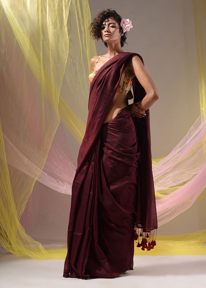 Maroon Pure Cotton Saree With Blouse Piece - Indian Silk House Agencies