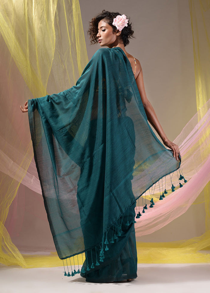 Teal Pure Cotton Saree With Blouse Piece - Indian Silk House Agencies