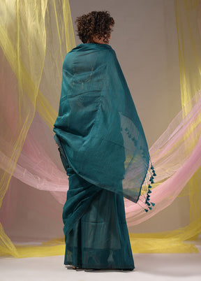 Teal Pure Cotton Saree With Blouse Piece - Indian Silk House Agencies