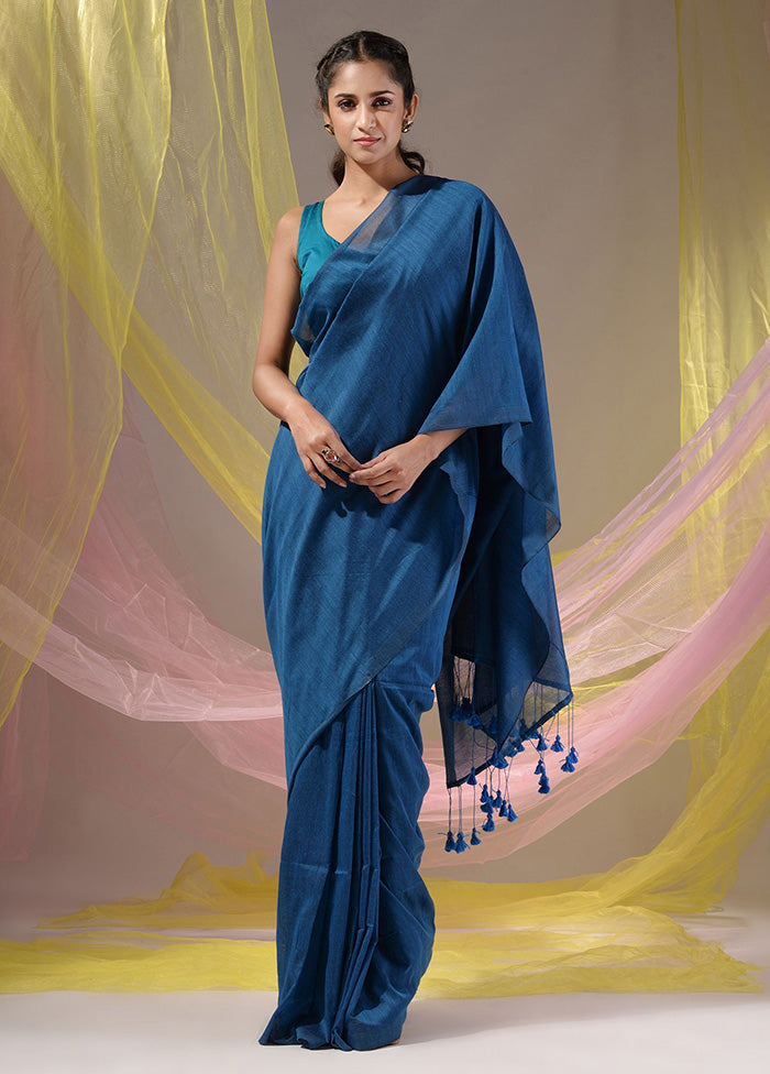 Blue Pure Cotton Saree With Blouse Piece - Indian Silk House Agencies