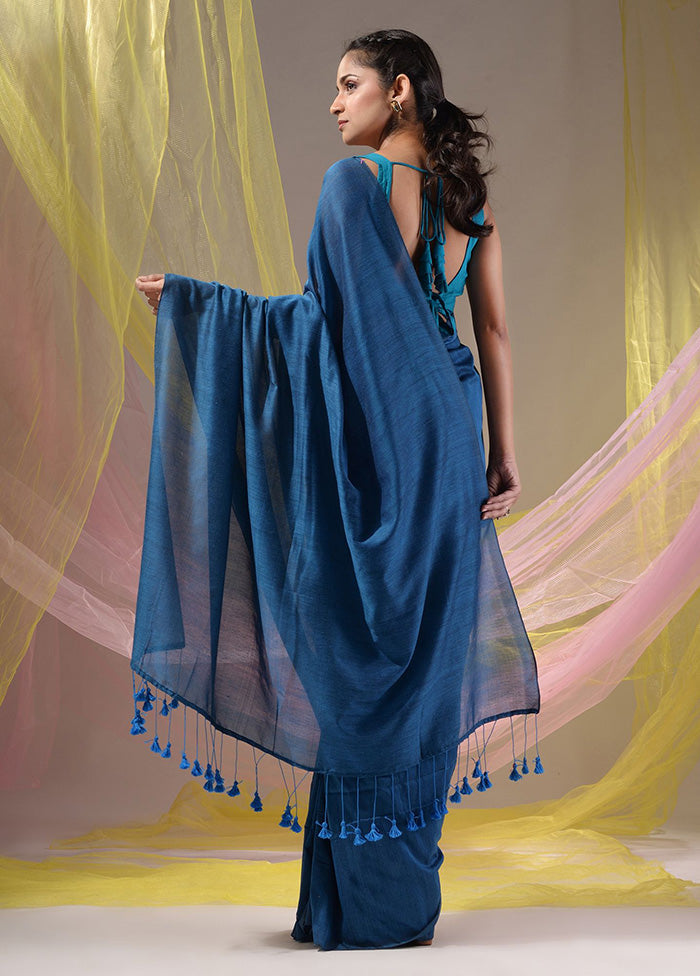 Blue Pure Cotton Saree With Blouse Piece - Indian Silk House Agencies