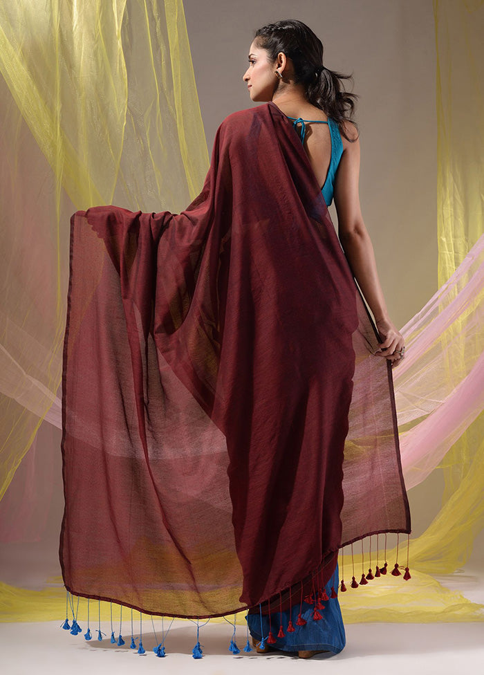 Maroon Pure Cotton Saree With Blouse Piece - Indian Silk House Agencies