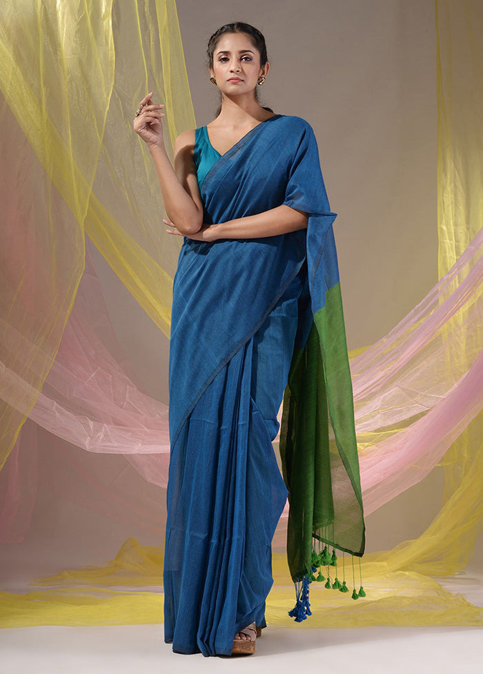 Blue Pure Cotton Saree With Blouse Piece - Indian Silk House Agencies