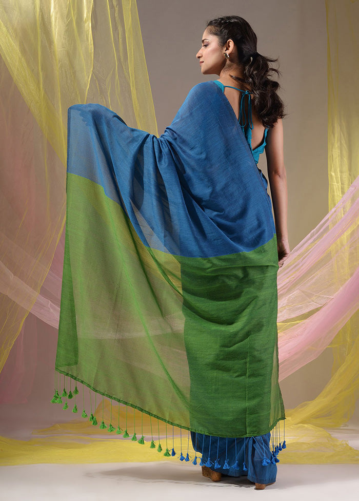 Blue Pure Cotton Saree With Blouse Piece - Indian Silk House Agencies