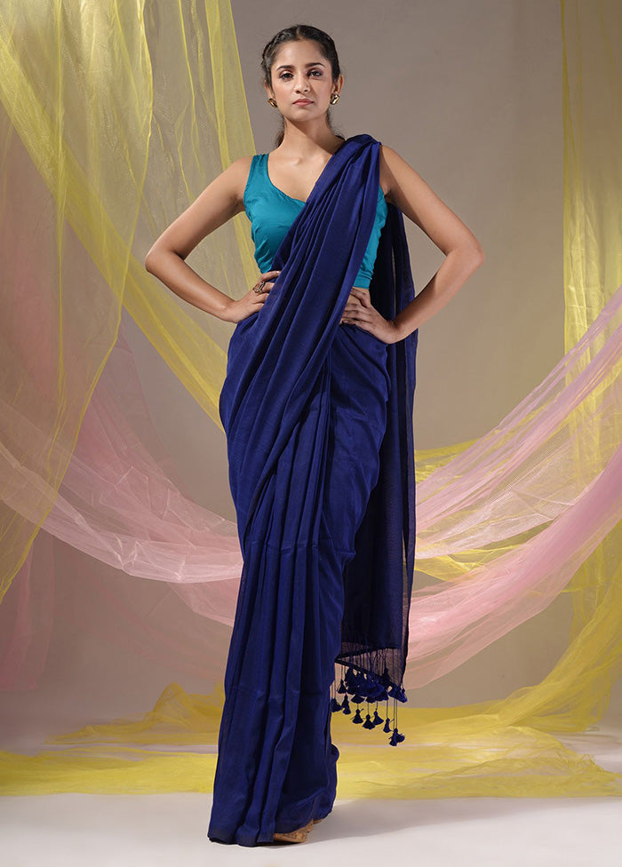 Blue Pure Cotton Saree With Blouse Piece - Indian Silk House Agencies