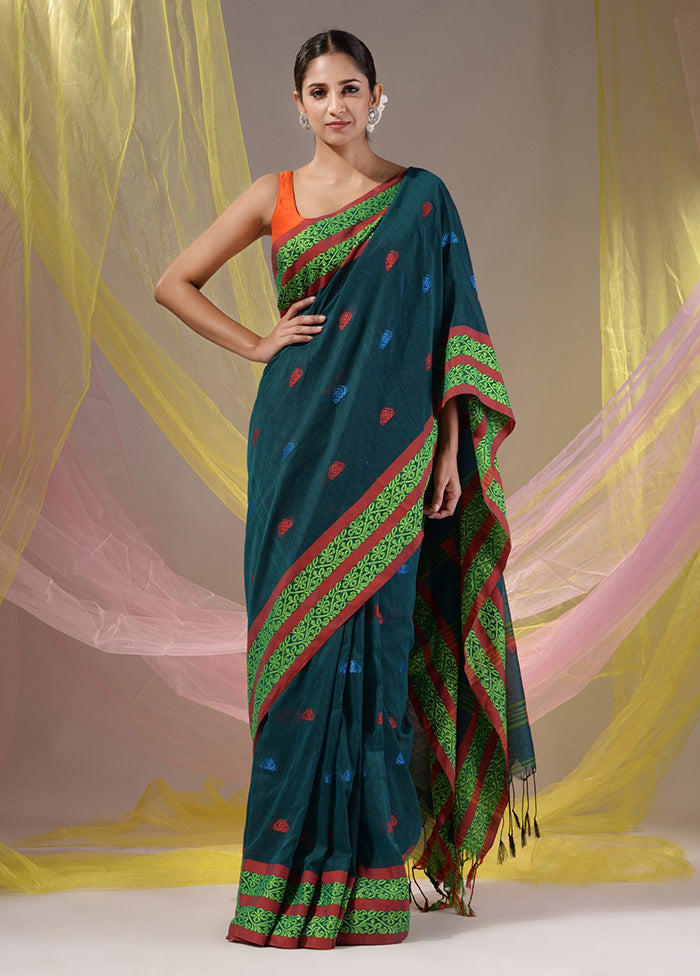 Teal Pure Cotton Saree With Blouse Piece - Indian Silk House Agencies