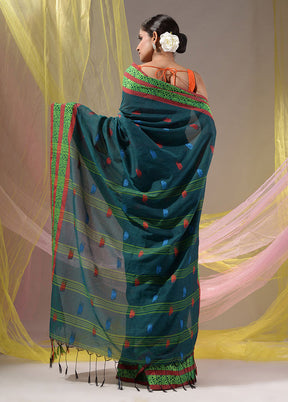 Teal Pure Cotton Saree With Blouse Piece - Indian Silk House Agencies