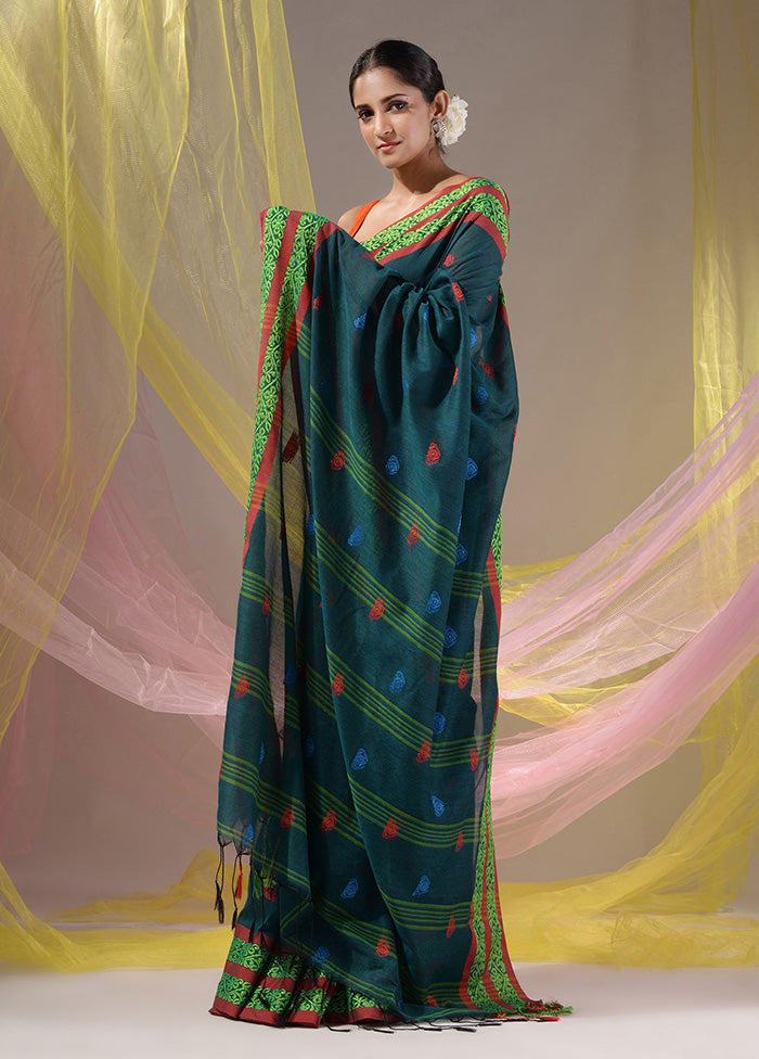 Teal Pure Cotton Saree With Blouse Piece - Indian Silk House Agencies