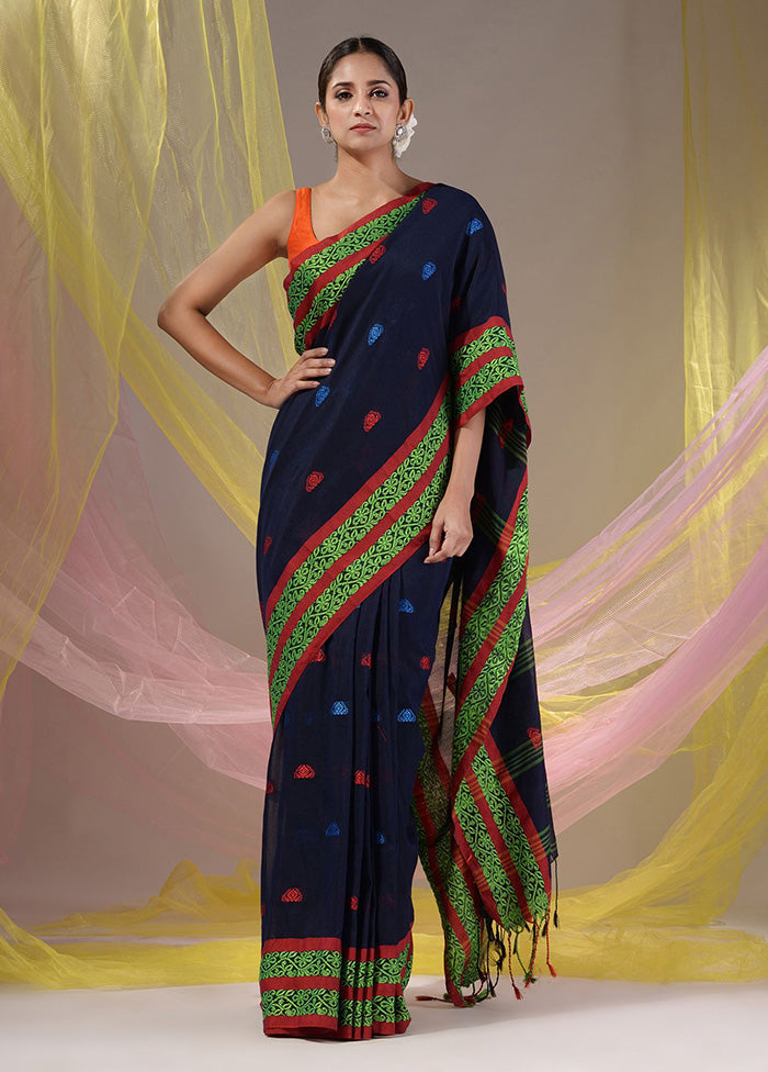 Navy Blue Pure Cotton Saree With Blouse Piece - Indian Silk House Agencies