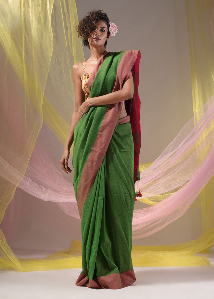 Green Pure Cotton Saree With Blouse Piece - Indian Silk House Agencies