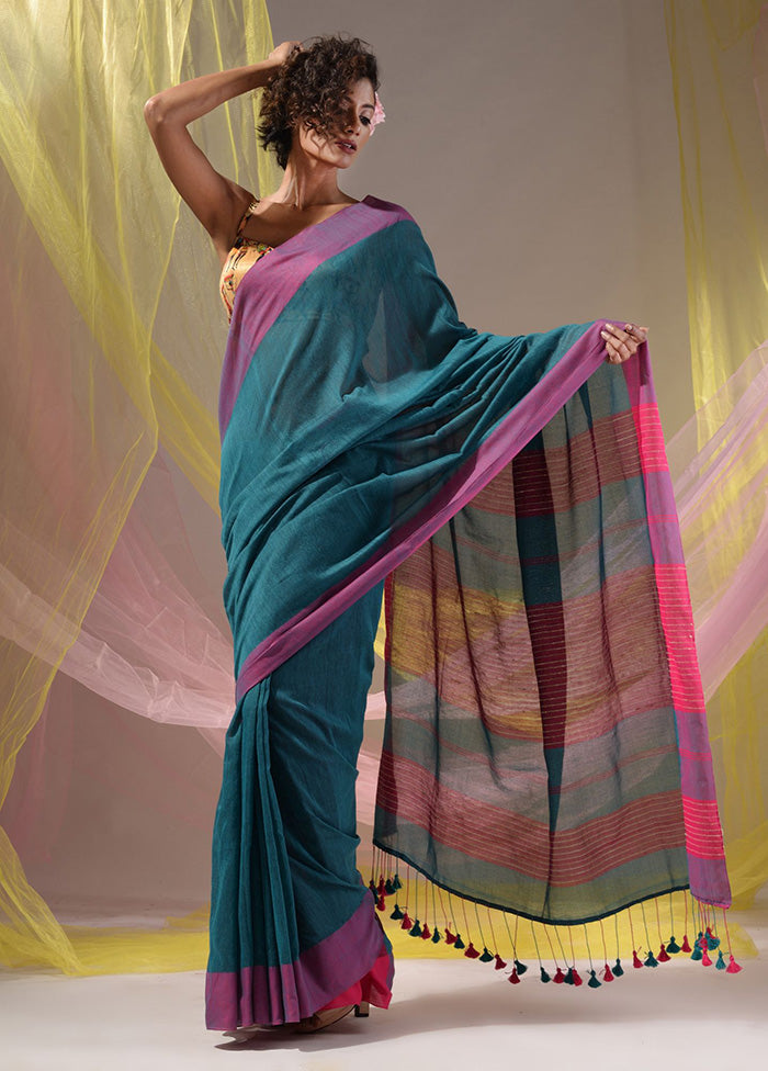 Teal Pure Cotton Saree With Blouse Piece - Indian Silk House Agencies