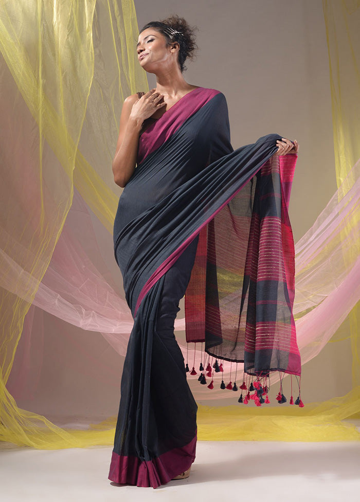 Black Pure Cotton Saree With Blouse Piece - Indian Silk House Agencies