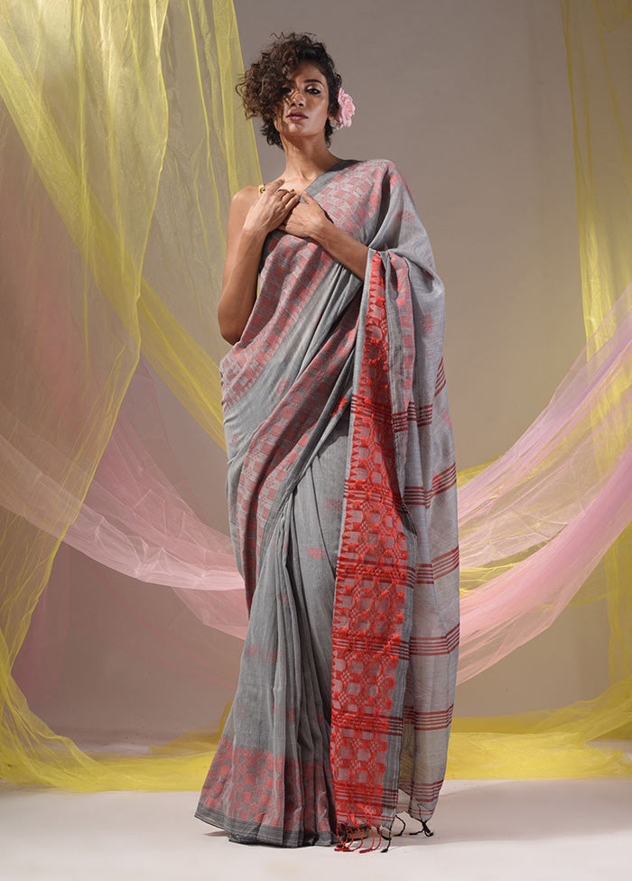 Grey Pure Cotton Saree With Blouse Piece - Indian Silk House Agencies