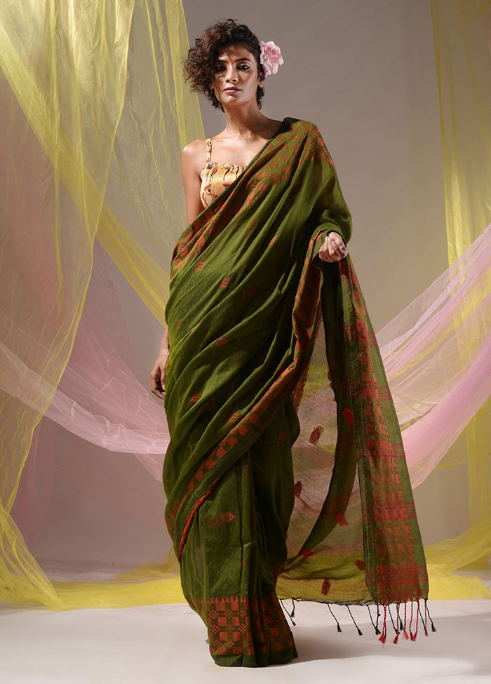 Green Pure Cotton Saree With Blouse Piece - Indian Silk House Agencies