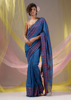 Blue Pure Cotton Saree With Blouse Piece - Indian Silk House Agencies