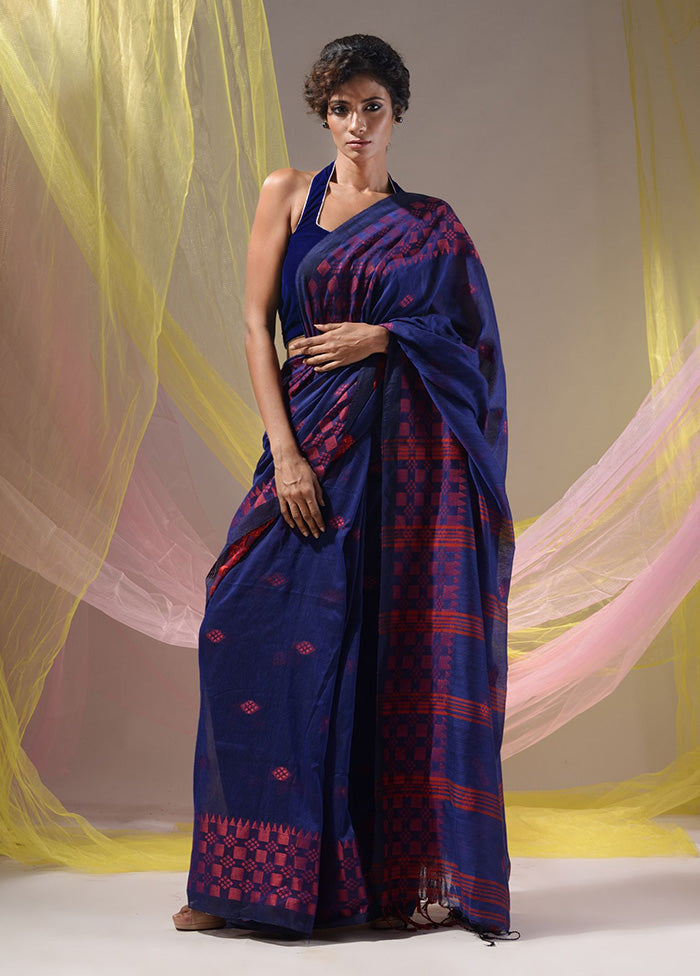 Blue Pure Cotton Saree With Blouse Piece - Indian Silk House Agencies