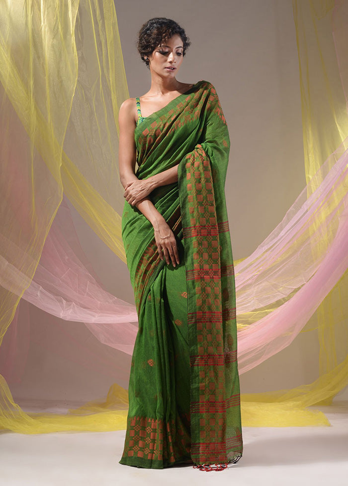 Green Pure Cotton Saree With Blouse Piece - Indian Silk House Agencies