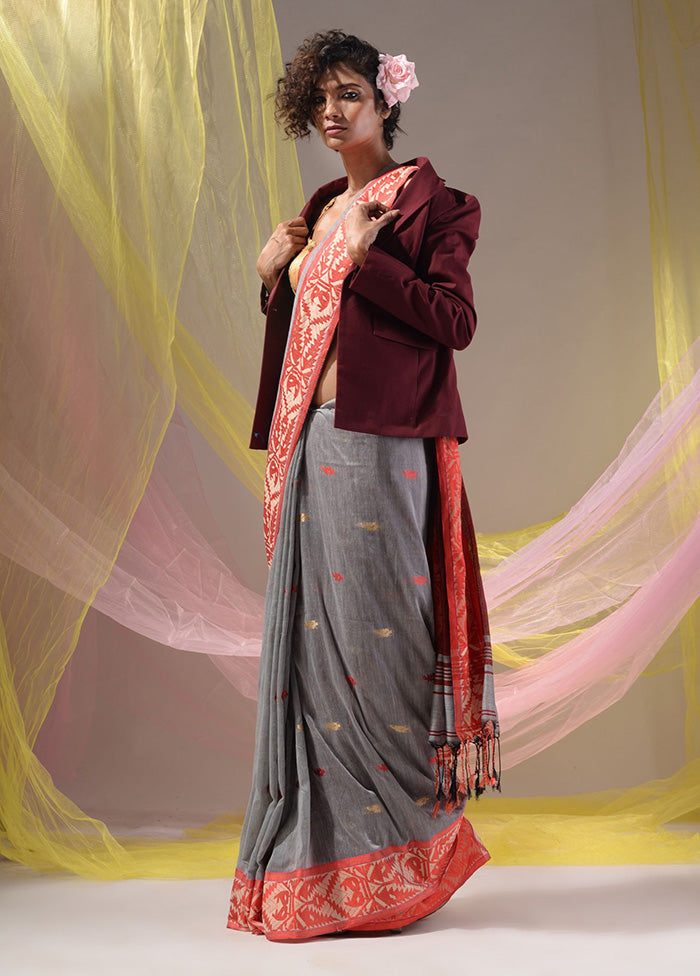 Grey Pure Cotton Saree With Blouse Piece - Indian Silk House Agencies