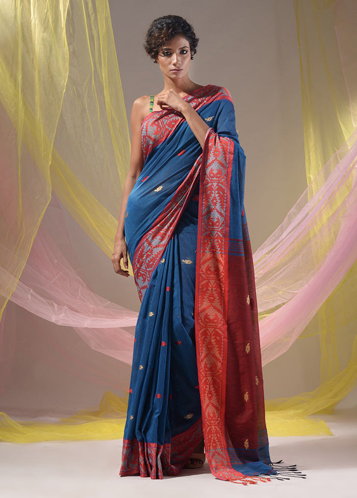 Blue Pure Cotton Saree With Blouse Piece - Indian Silk House Agencies