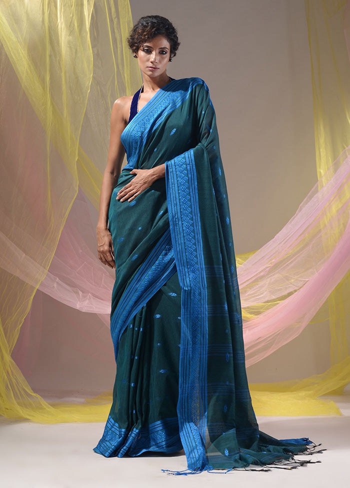 Teal Pure Cotton Saree With Blouse Piece - Indian Silk House Agencies