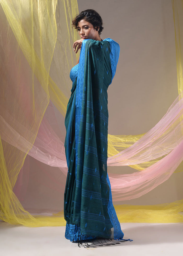 Teal Pure Cotton Saree With Blouse Piece - Indian Silk House Agencies