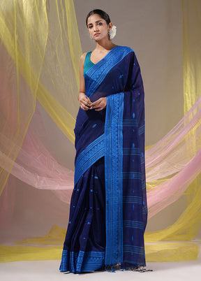 Navy Blue Pure Cotton Saree With Blouse Piece - Indian Silk House Agencies