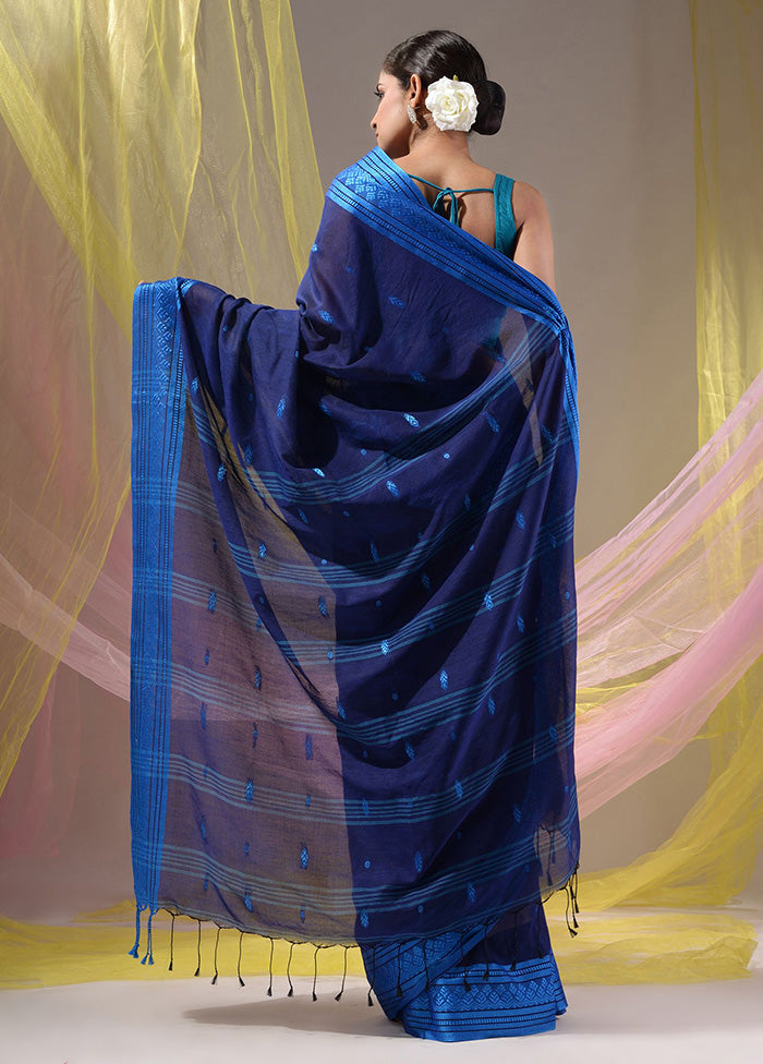 Navy Blue Pure Cotton Saree With Blouse Piece - Indian Silk House Agencies