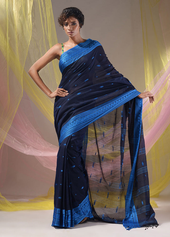 Navy Blue Pure Cotton Saree With Blouse Piece - Indian Silk House Agencies