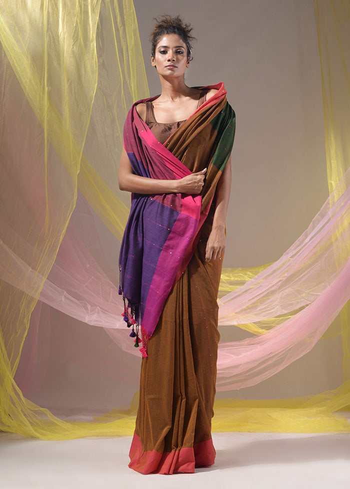 Brown Pure Cotton Saree With Blouse Piece - Indian Silk House Agencies